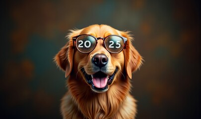 Obraz premium A cheerful golden retriever wearing glasses with the year 2025. Perfect for marketing, events, or pet-related content.