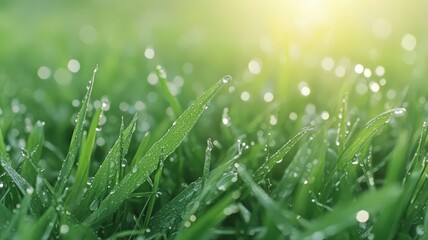 Obraz premium Close Up Dew Drops on Lush Green Grass in Sunlight