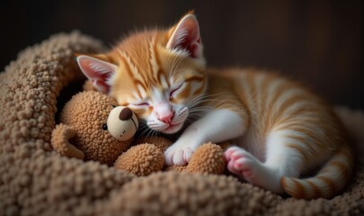 Adorable orange kitten cuddled with a teddy bear, evoking warmth and comfort. Perfect for pet, baby products, or cozy home decor themes.