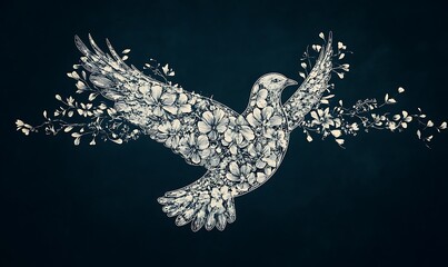A white dove filled with flowers against a dark blue background