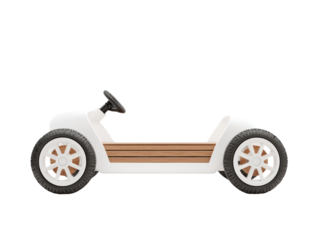 Innovative children’s pedal go-kart design modern studio product photography playful environment side view fun concept