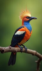 Obraz premium A vibrant and colorful bird perched on a branch, showcasing its striking plumage in a lush, green environment. Perfect for nature-themed projects.