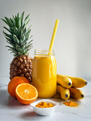 Pineapple, orange, banana and curcuma juice and fresh fruits set. 