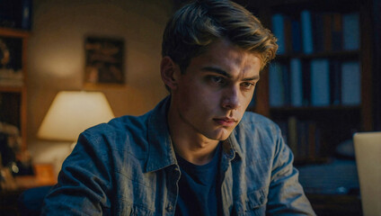 Fototapeta premium Focused young man working late in a dimly lit room