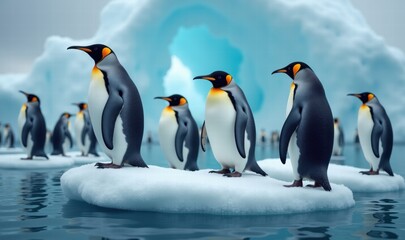 Fototapeta premium A charming scene featuring a group of penguins on an iceberg in icy waters, perfect for nature-themed projects or educational materials about wildlife conservation.