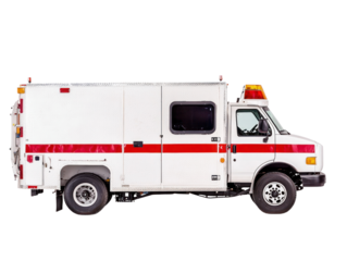 Emergency medical vehicle responding to call urban environment high-quality image side view emergency services