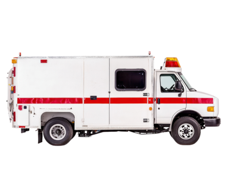 Emergency medical vehicle responding to call urban environment high-quality image side view emergency services