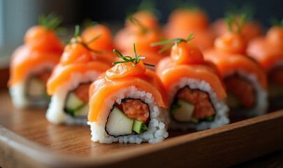 Delight in this beautifully arranged sushi platter featuring fresh salmon rolls, perfect for food lovers, restaurants, and culinary art presentations.