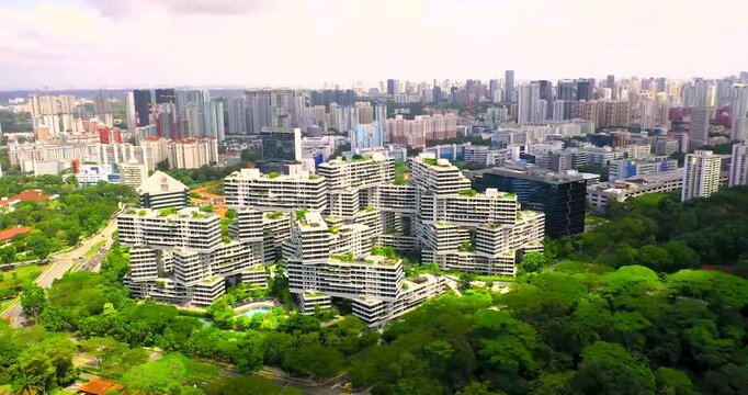 Drone Aerial view of Building in Singapore. The Interlace Condo, Singapore - 4K