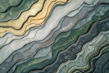Aerial view of salt evaporation ponds, showcasing layered, wavy patterns in varying shades of grey, beige, and green.
