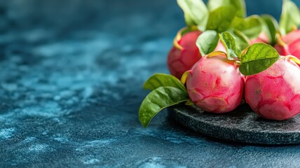 Red Passion Fruits with Green Leaves on Dark Blue Background