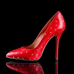 Chaussure à talon aiguille rouge à pois blancs isolée sur fond noir.. Generated image