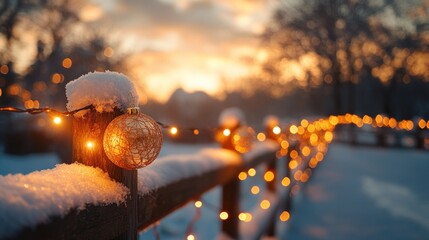 Obraz premium Winter sunset fence lights, snow-covered, cozy ambiance