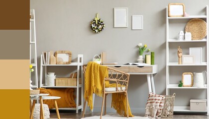 Interior of living room decorated for Easter with workplace. Different color patterns