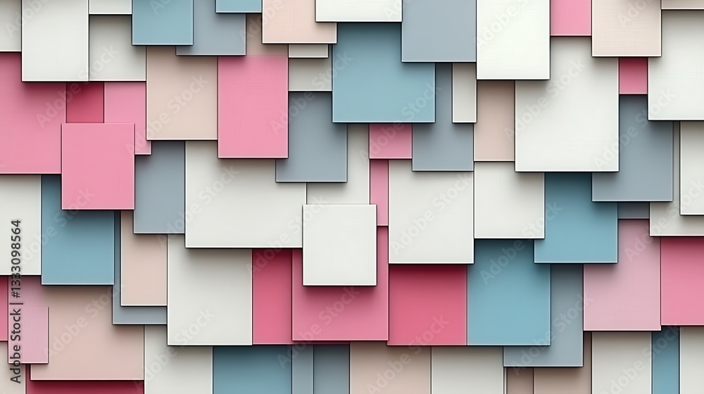 Poster abstract design displaying overlapping squares in different pastel colors