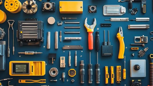 Various hand tools and equipment arranged neatly on a blue work surface for repair and construction tasks
