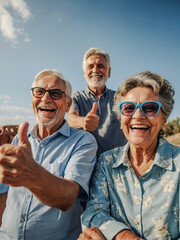 Happy seniors giving thumbs up with joyful smiles