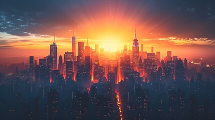 City skyline silhouetted against a fiery sunrise creating a dramatic urban landscape