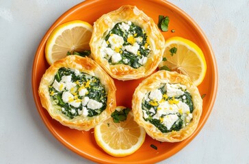 Fresh Spinach and Feta Cheese Tartlets with Lemon Slices on Bright Orange Plate Decorated with Herbs