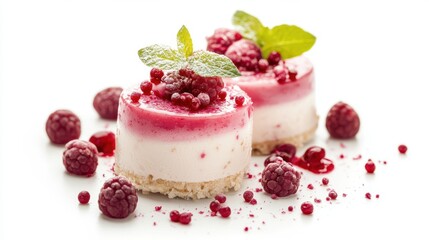 Two delectable desserts adorned with fresh raspberries on top.