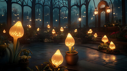A futuristic greenhouse filled with bioluminescent plants genetically modified for energy production