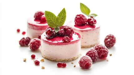 Three desserts topped with fresh raspberries create a delightful and colorful presentation.