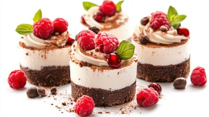 Four delectable desserts featuring raspberries and chocolate on a clean white background.