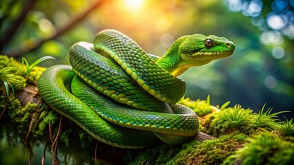 Fototapeta premium Vibrant Green Snake Coiled on Lush Jungle Tree Branch - Stock Photo