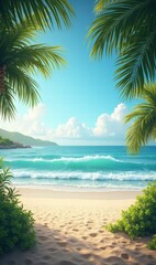 Obraz premium A serene tropical beach scene featuring clear blue waters, soft sands, and lush palm trees, perfect for travel or vacation-themed projects.