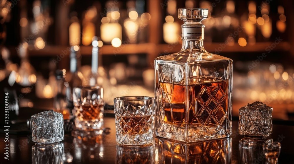 Poster Luxurious bar counter featuring premium whiskey and crystal glasses in an elegant setting with warm ambient lighting Generative AI