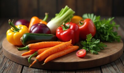 Fresh, colorful vegetables arranged on a wooden cutting board, perfect for culinary, health, and organic business themes.