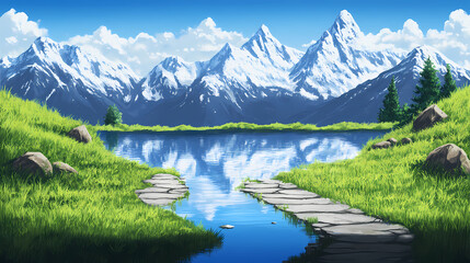 Fototapeta premium Majestic snow capped mountains rise in the distance reflected in the shimmering waters of a tranquil lake lush emerald green grass borders a neatly trimmed pathway. Shimmering Caps. Illustration