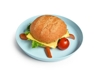 Plate with funny children's breakfast in shape of turtle isolated on white background