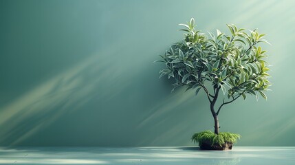 A small tree stands against a textured green wall casting a shadow suggesting tranquility and simplicity