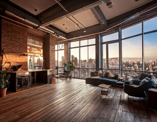 Naklejka premium A hyper-realistic urban loft apartment with an industrial-style interior, large windows, and a city skyline view - Generated image
