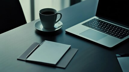 Modern workspace setup featuring laptop, coffee, and notebook providing inspiration for productivity and focused work during the day