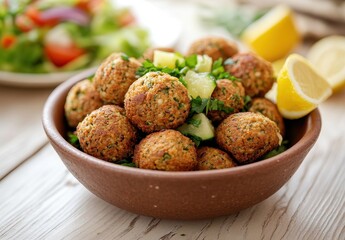 Freshly Cooked Falafel Balls Served with Salad and Lemon Garnish in a Rustic Bowl on a Wooden Table