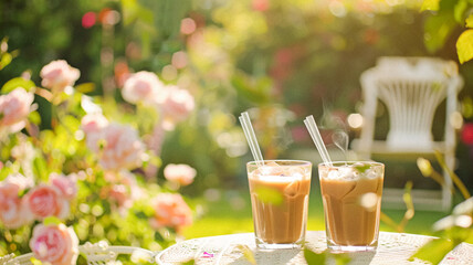 Fototapeta premium Two glasses of iced coffee in the garden, blooming roses and lush greenery, drink recipe idea for a hot summer day