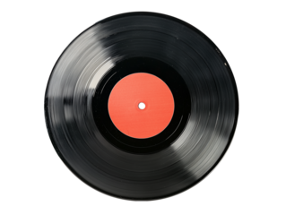 Retro vinyl record with a vibrant red center resting on a transparent surface, showcasing its classic design and timeless appeal for music lovers
