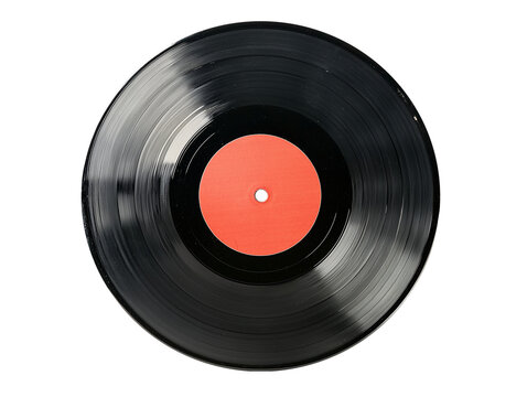 Naklejki Retro vinyl record with a vibrant red center resting on a transparent surface, showcasing its classic design and timeless appeal for music lovers