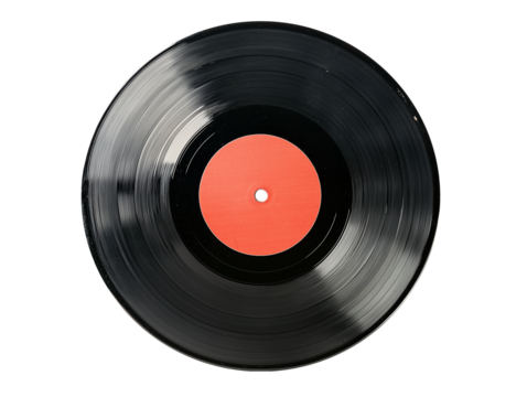 Retro vinyl record with a vibrant red center resting on a transparent surface, showcasing its classic design and timeless appeal for music lovers