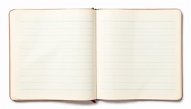 open lined notebook with blank pages, vintage leather cover, isolated on white background, minimalistic stationery concept, empty journal for writing, classic paper notebook for notes or sketches