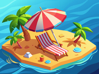 vector of  Beach umbrella with chairs on beach sand. summer vacation concept. 3d rendering