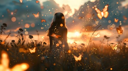 A figure stands in a field with glowing butterflies bathed in warm sunset light