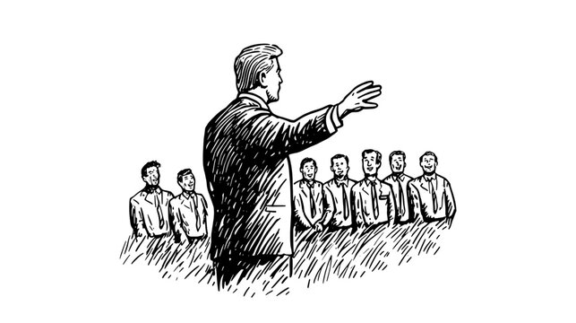 Engraved vintage illustration of a speaker addressing an audience of attentive listeners
