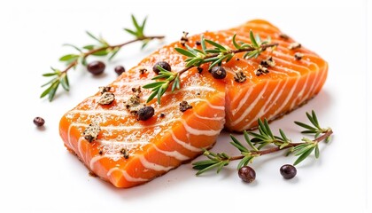 Fresh raw salmon fillet with rosemary, juniper berries, and spices, isolated on white background, symbolizing healthy seafood, omega-3 nutrition, and gourmet cuisine.