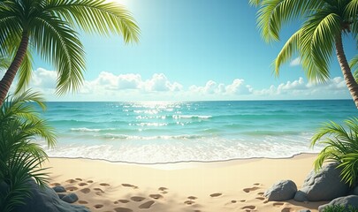 Obraz premium A serene beach scene with golden sand, gentle waves, and palm trees. Perfect for travel, relaxation, or summer-themed projects.