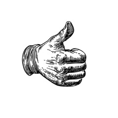 Engraved vintage illustration of a thumbs up gesture showcasing approval and positivity in a classic design