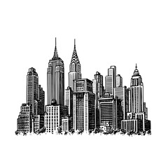 Fototapeta premium Engraved vintage illustration of a city skyline showcasing iconic buildings and architecture