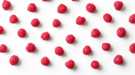 A detailed view of fresh raspberries placed on a clean white surface.